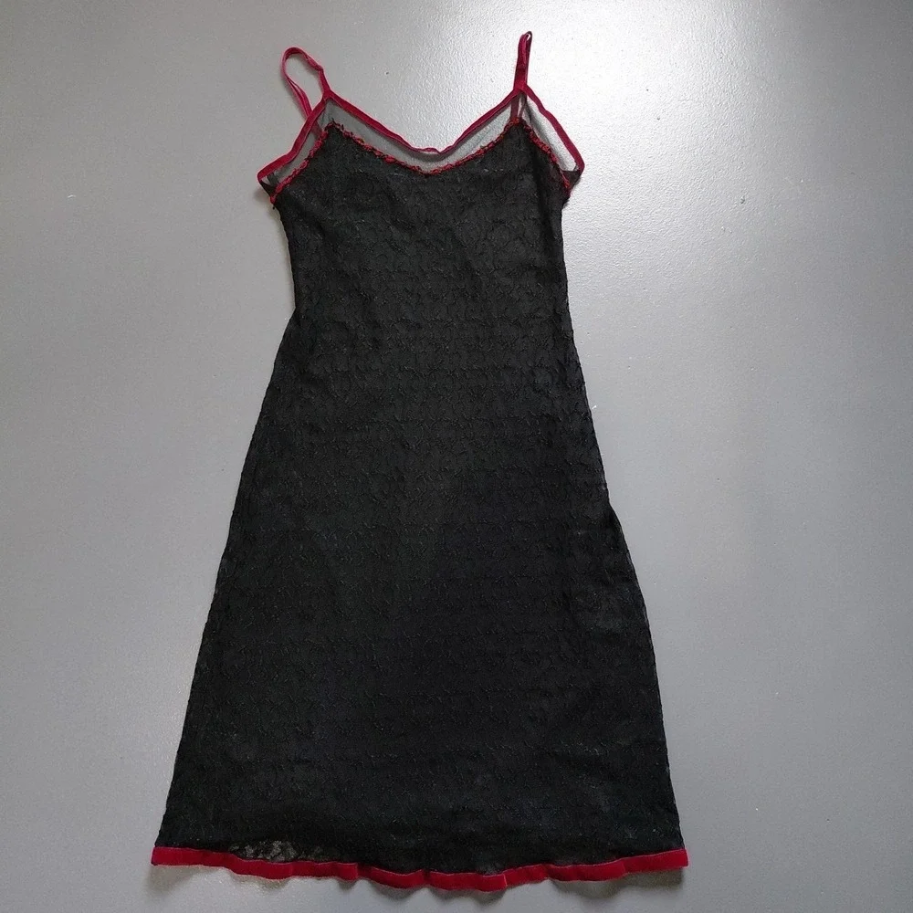 VTG Betsey Johnson Slip Dress Black Lace Rose Ditsy Neckline Velvet Trim Large - Picture 8 of 16